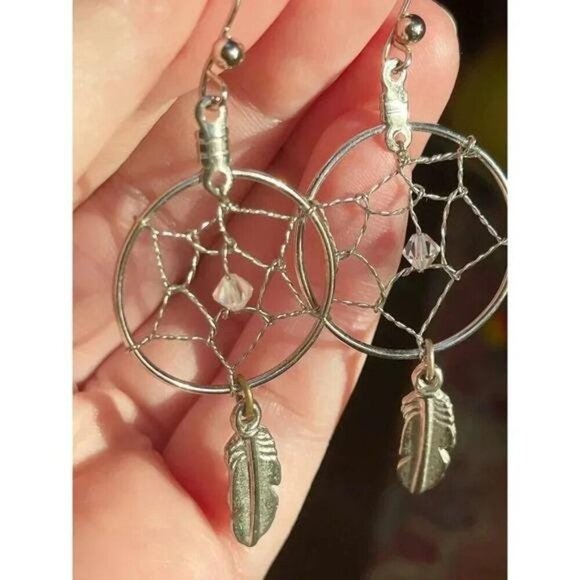 Southwestern Silver Dreamcatcher Statement Earrings – Boho Sterling-Tone Feather - Picture 4 of 10